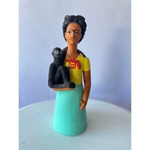 Frida Kahlo and Monkey 12" Figurine Concepcion Aguilar Signed Vintage Folk Art